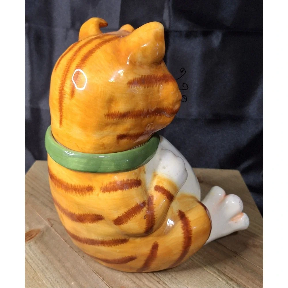 Vintage DCI Jim Orange 1990s Cat Ceramic Cookie Jar Green Collar Wire Whiskers